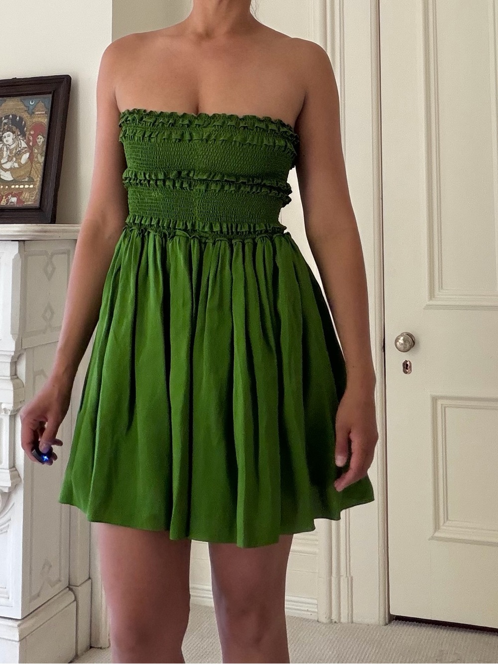 AZEEZA green silk strapless mini dress